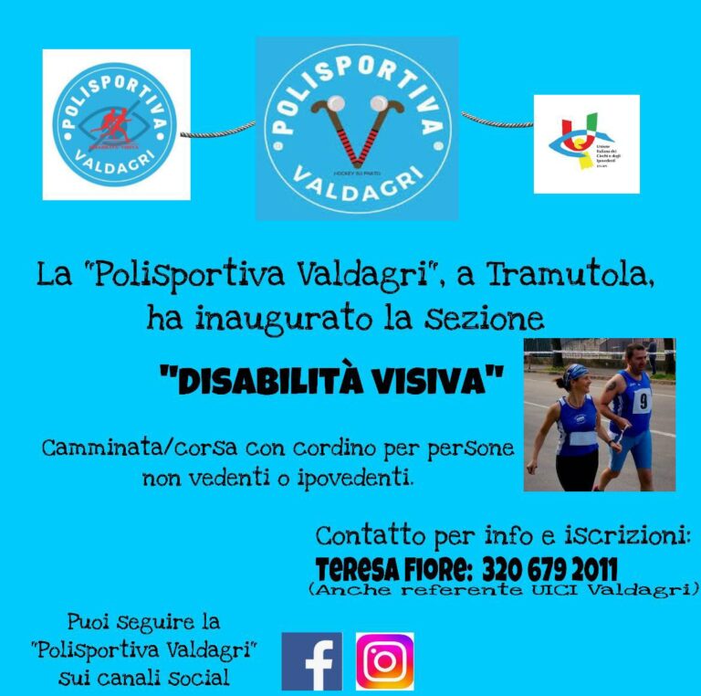 Locandina 𝗰𝗮𝗺𝗺𝗶𝗻𝗮𝘁𝗮/𝗰𝗼𝗿𝘀𝗮 con 𝗰𝗼𝗿𝗱𝗶𝗻𝗼 per ciechi e ipovedenti presso la Polisportiva Val d’Agri.